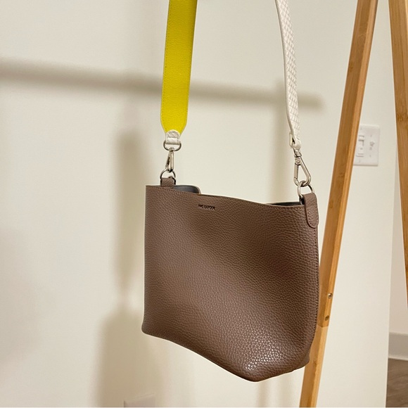 Find Kapor Taupe Leather Shoulder Bag with yellow&white strap - Picture 1 of 7
